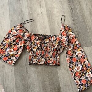 Forever 21 Black Floral Smocked Off-Shoulder Crop Top with Coral Accents